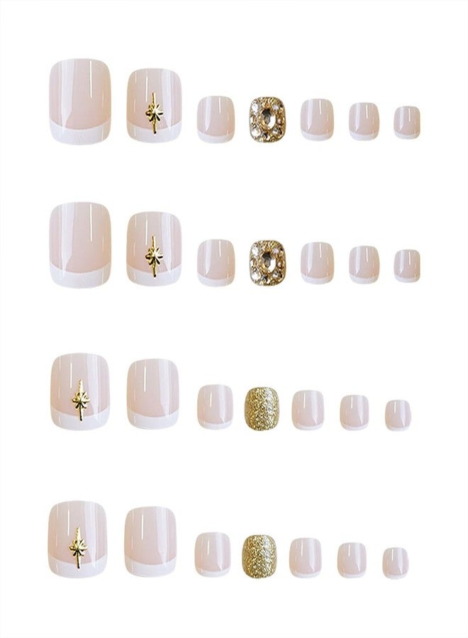 HJKDSFD 24Pcs White French Tip Press on Toe Nails Short Fake Toenails Nude Square Acrylic False Toenails with Gold Rhinestones Designs Full Cover Reusable Gloss Glue on Toenails for Women and Girls - Image 3